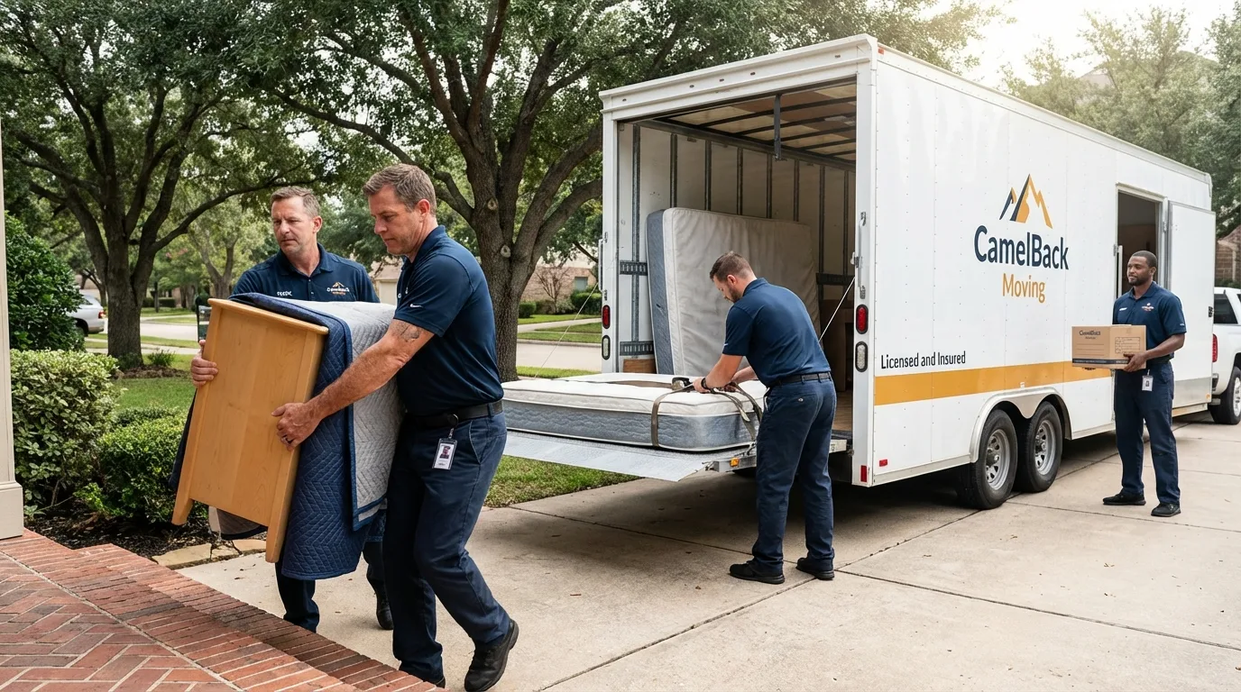 Crew loading residential truck for cross-state move from Chisholm, MN