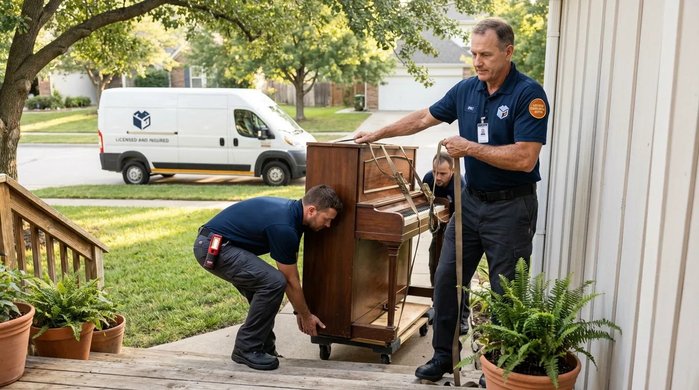 Licensed piano movers securing grand piano in Chisholm, MN