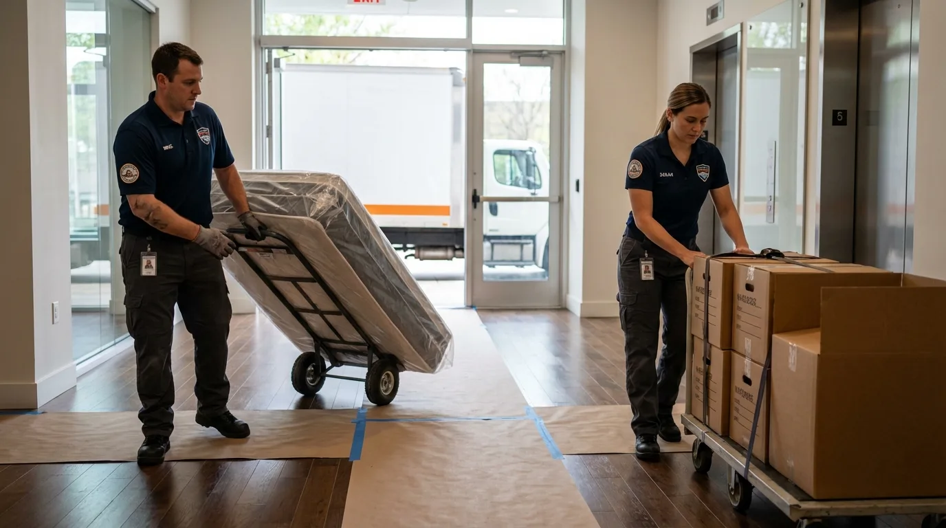Professional apartment movers loading elevator in Chisholm, MN