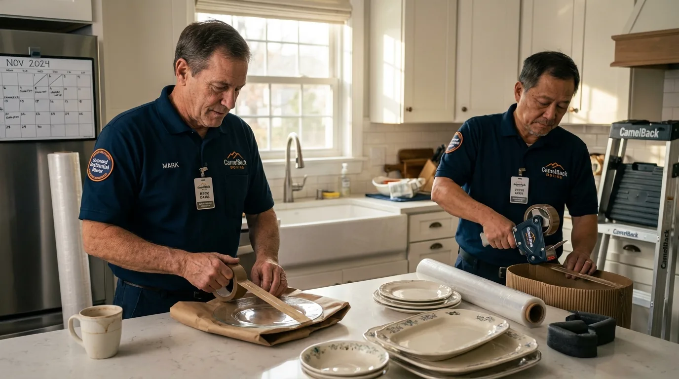 Professional crew packing kitchen dishware in Chisholm, MN